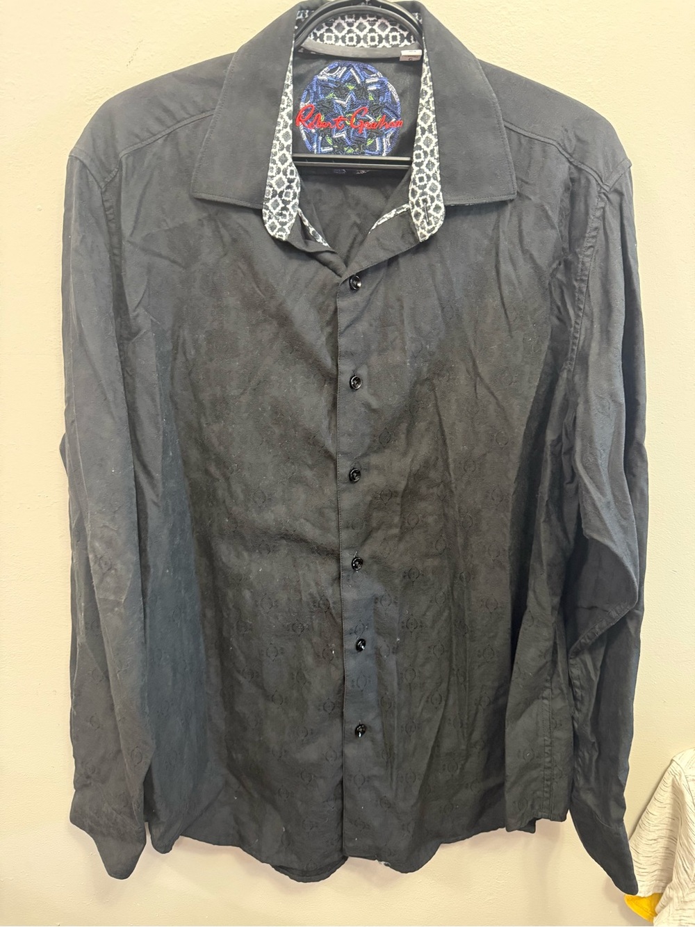 Robert Graham Black Long Sleeve Button-Down Shirt with Patterned Collar Trim L